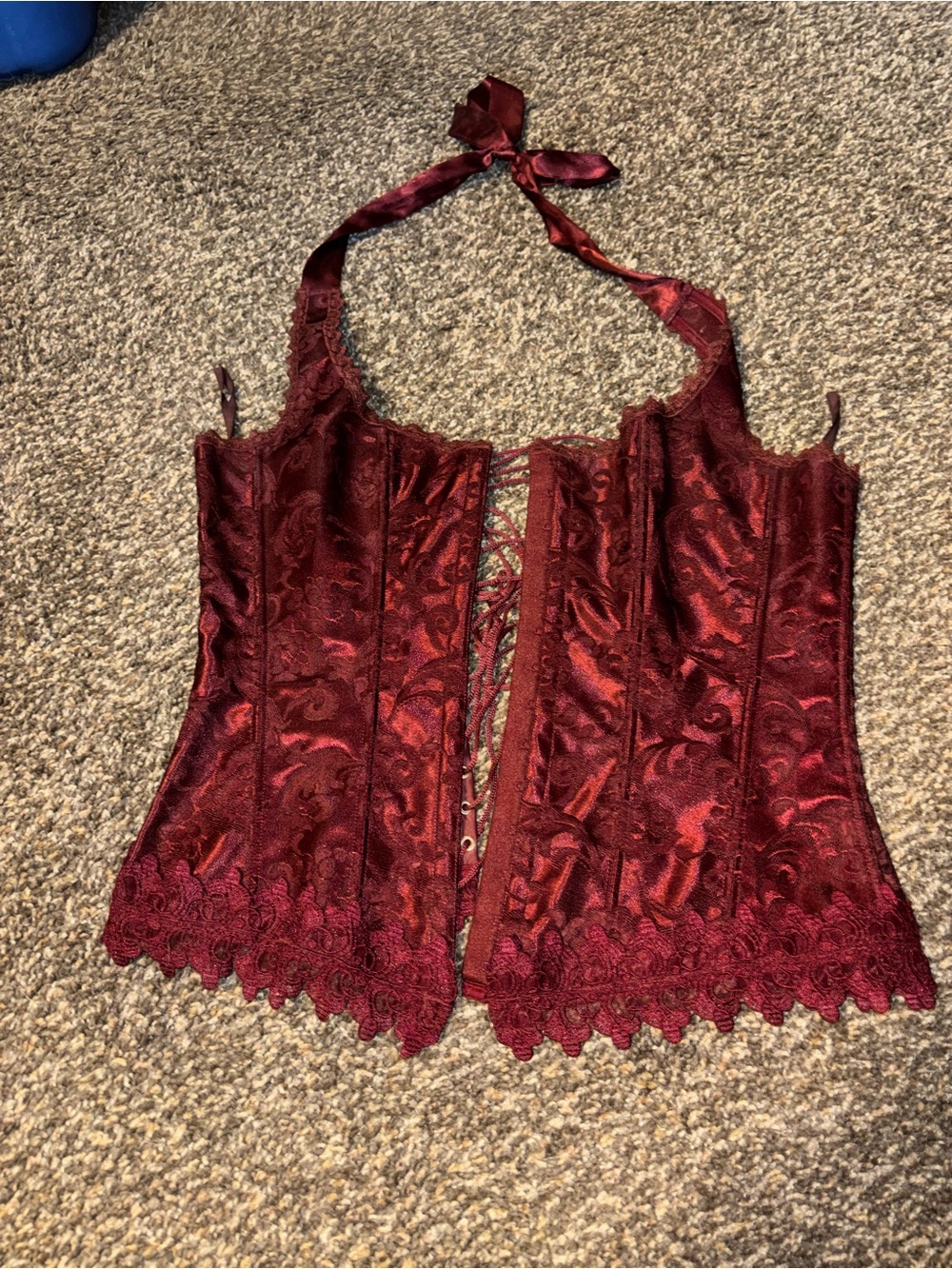 Frederick's of Hollywood Burgundy Satin Lace Halter Corset Top